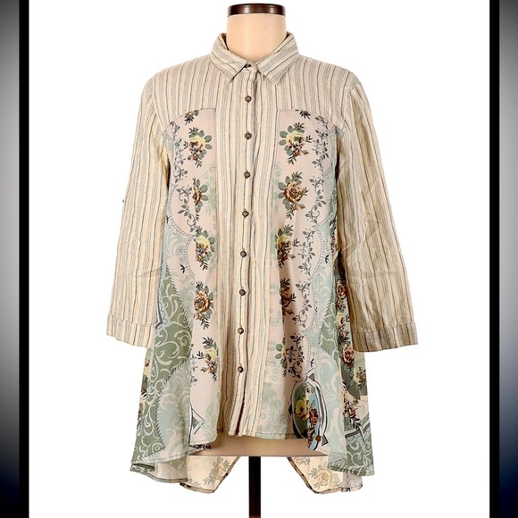 Aratta Silent Journey  Beaded Blouse Top button up host pick boho fall casual - Picture 1 of 7